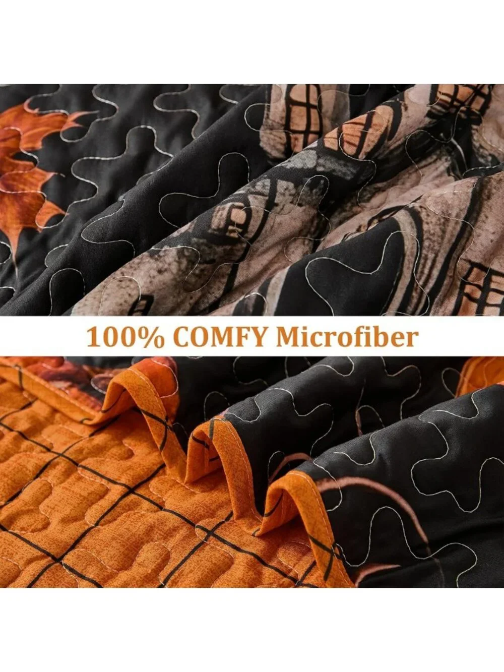 King Size Halloween Quilt Set - 3 Piece Fall Black Bedspread for Cozy Decor